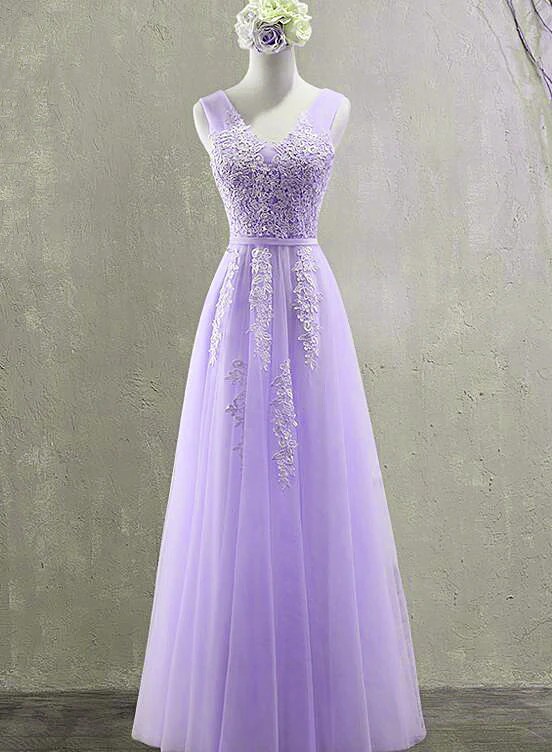 Picture of Cute Light Purple Tulle with Lace V-neckline Prom Dresses, Long Evening Gown Formal Dresses